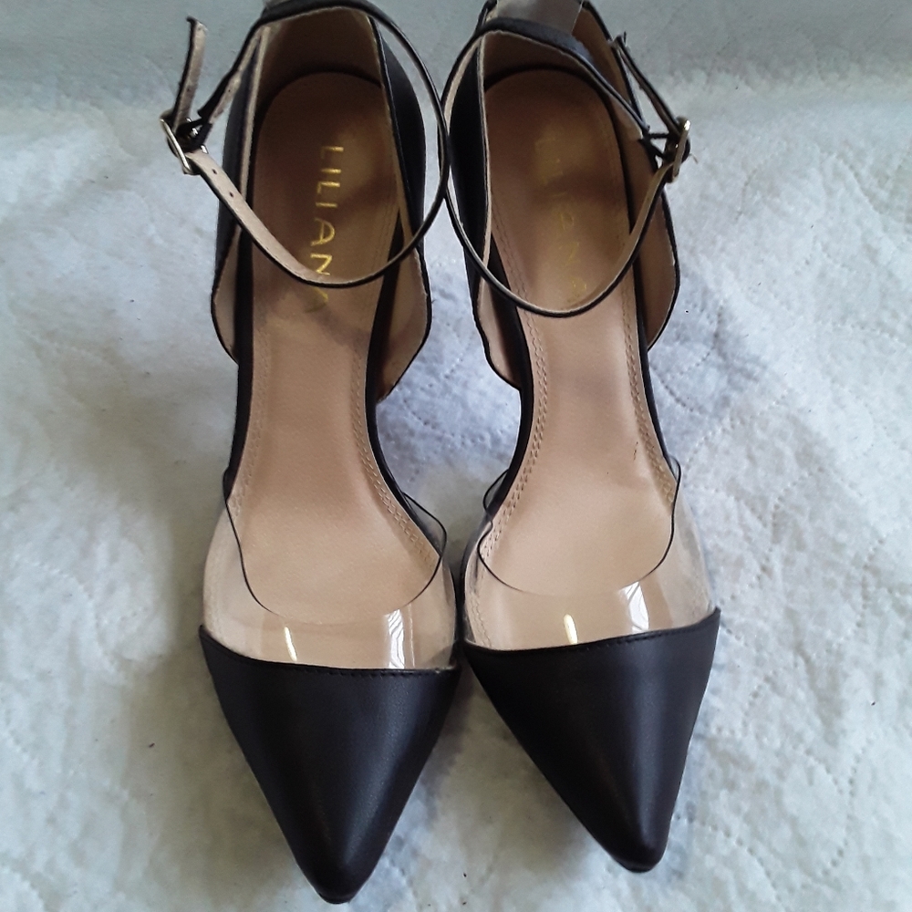 4/$20 Liliana women black leather plastic heels